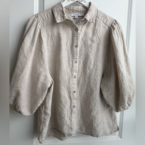 Chico’s 100% Linen Beige Button Up Balloon Sleeve Blouse size 12 (brand size 2)